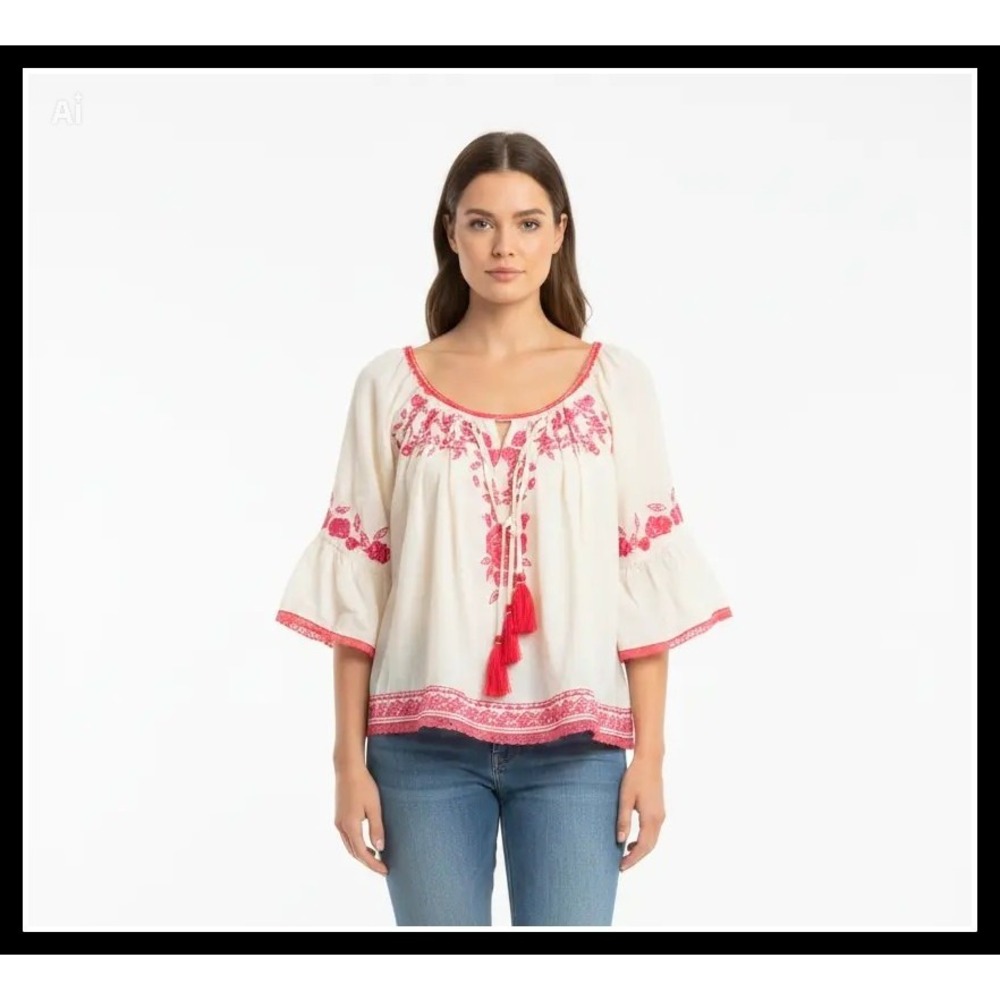 Love Sam Womens XS Cream Red Floral Embroidered Tassel Lace Up Peasant Blouse